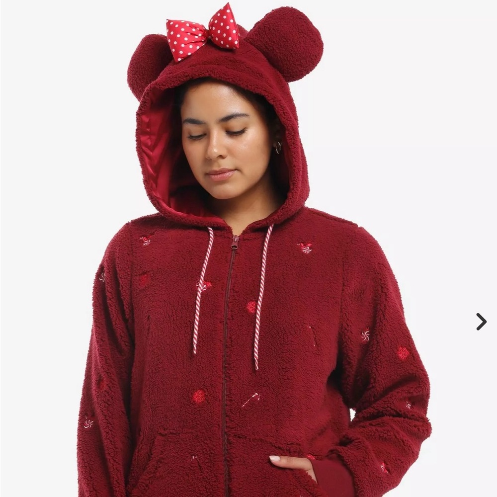 Cozy Red Sherpa Jacket with Polka Dot Minnie Mouse Bow NWT HER UNIVERSE